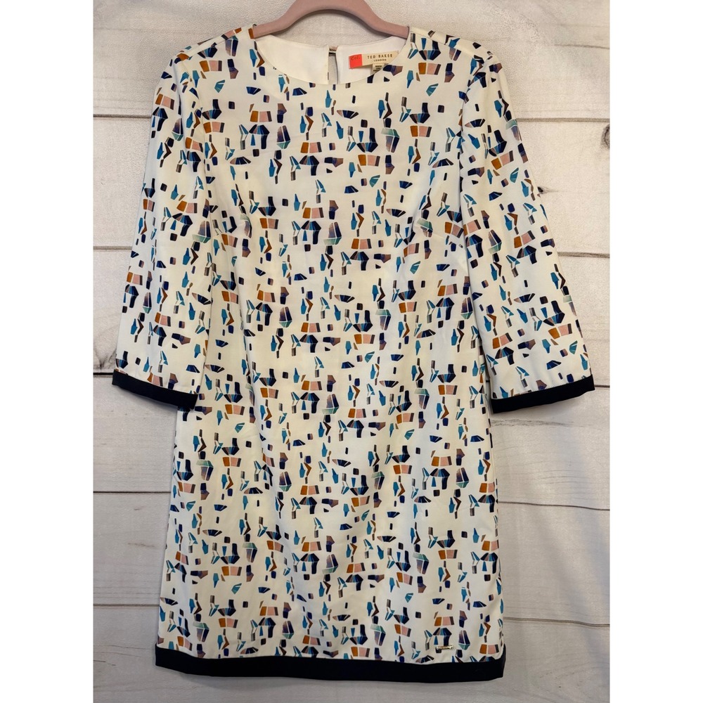 Ted Baker Limina Geometric‎ Abstract Print Shift Dress White Navy Trim Sz 1 US 4
